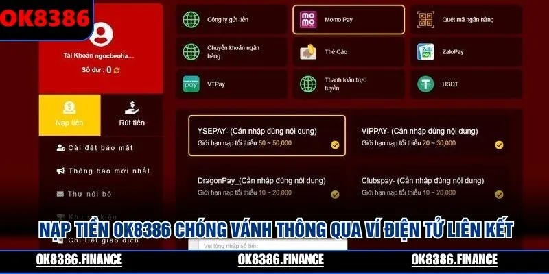 Nạp tiền OK8386 chóng vánh thông qua ví điện tử liên kết